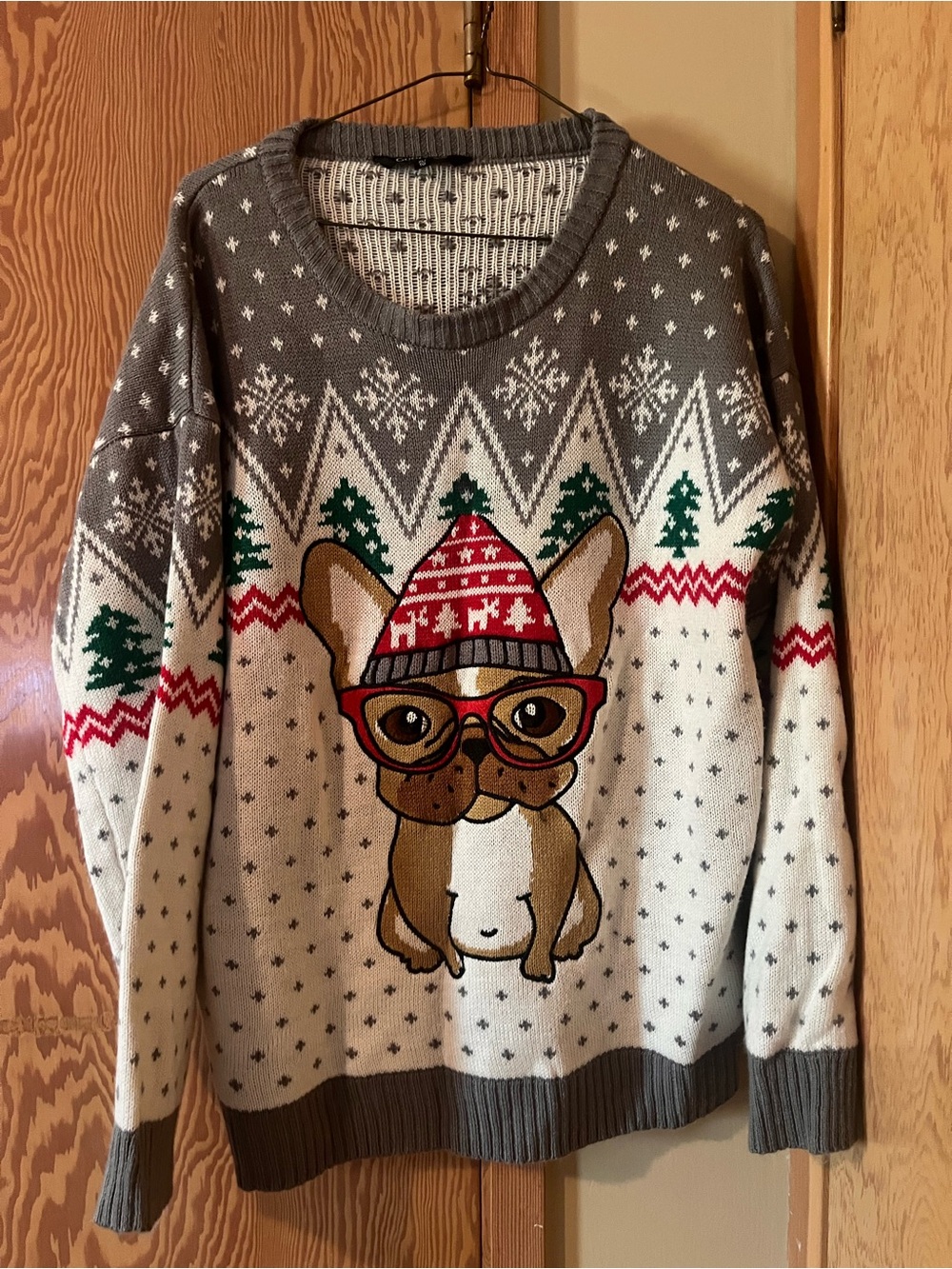George Gray & Cream French Bulldog Holiday Sweater with Red & Green Accents
